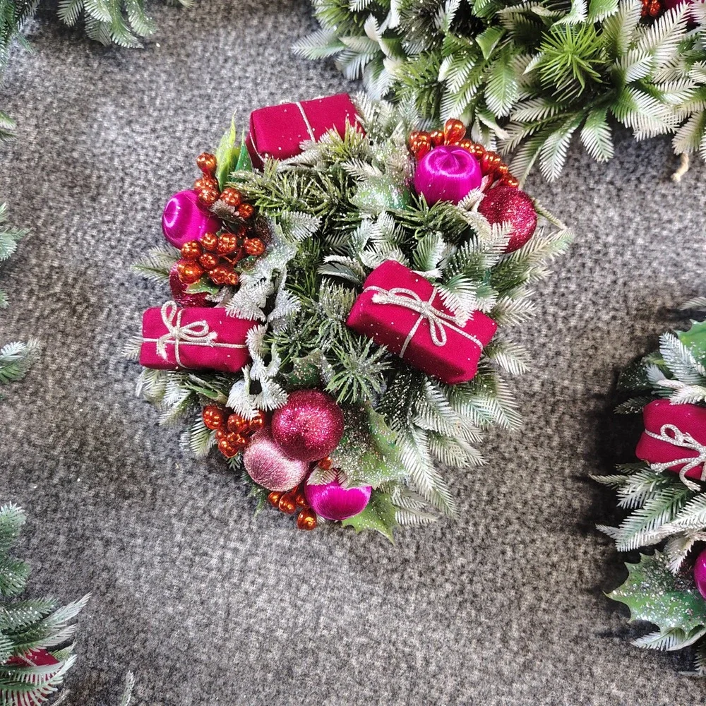 Vintage Christmas Decor Set Pink Green Frosted Garland Wreath Candle decor